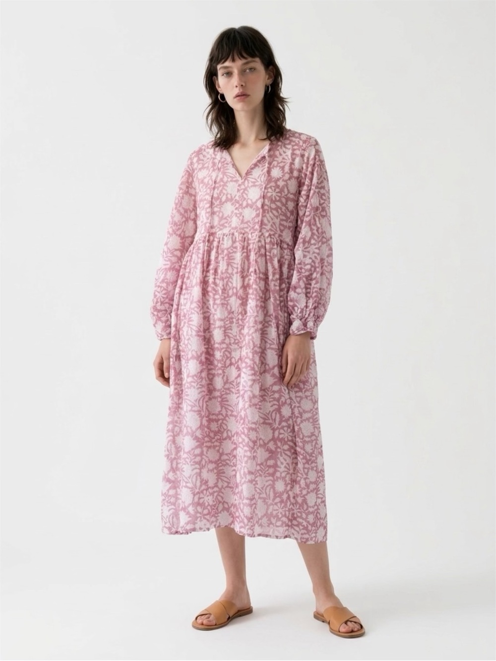 Hand Block Printed Pink Floral Long Sleeve Maxi Dress